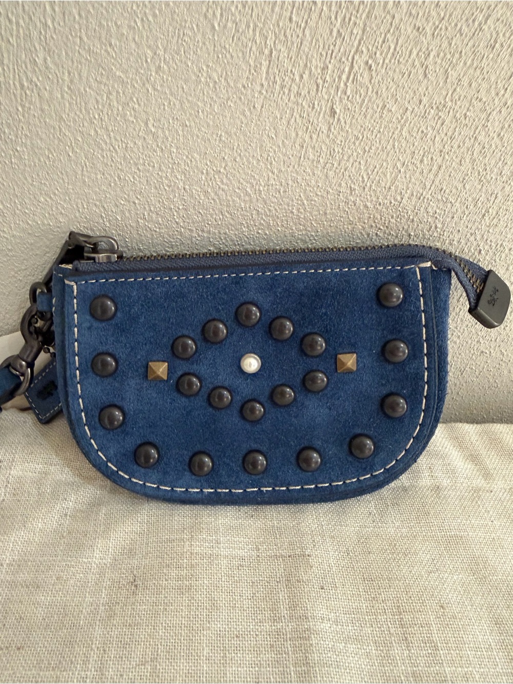 Coach Western Rivets Blue Suede Studded Wristlet Coin Pouch NWT - Picture 2 of 9